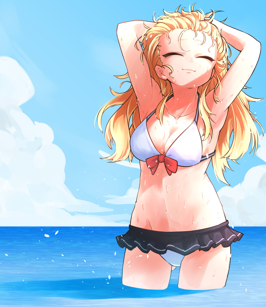 1girl absurdres alternate_hairstyle armpits arms_behind_head arms_up ass_visible_through_thighs bikini bikini_skirt blonde_hair blue_sky boku_no_hero_academia breasts closed_eyes closed_mouth clouds day groin hair_pulled_back halterneck hand_in_hair highres horizon huge_filesize jipponwazaari legs_apart light_smile long_hair medium_breasts messy_hair microskirt navel outdoors pleated_skirt shadow skirt sky solo standing swimsuit toga_himiko wading water wet white_bikini