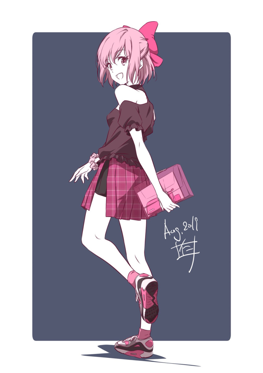 1girl 2019 :d bag black_shirt bow dated eyebrows_visible_through_hair full_body grey_background hair_between_eyes hair_bow highres holding holding_bag leg_up looking_at_viewer miniskirt nii_manabu off_shoulder open_mouth original pink_bag pink_bow pink_eyes pink_footwear pink_hair pink_scrunchie plaid plaid_skirt pleated_skirt scrunchie shirt short_hair short_sleeves side_slit skirt smile socks solo two-tone_background walking white_background wrist_scrunchie