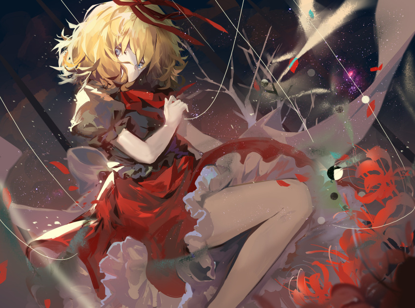 1girl bare_legs black_shirt blonde_hair commentary_request elise_(piclic) feet_out_of_frame flower grey_eyes hair_ribbon head_tilt highres light_particles looking_at_viewer medicine_melancholy neck_ribbon petals petticoat puffy_short_sleeves puffy_sleeves red_flower red_neckwear red_ribbon red_skirt ribbon shirt short_hair short_sleeves skirt solo thighs touhou