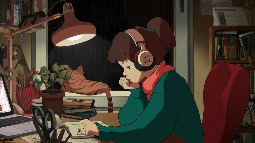1girl bedroom book bookshelf brown_hair casual cat chin_rest commission computer desk from_side half-closed_eyes headphones highres juan_pablo_machado lamp laptop left-handed listening_to_music looking_down mechanical_pencil night open_book original pencil rain short_ponytail sitting solo_focus studying sweater turtleneck