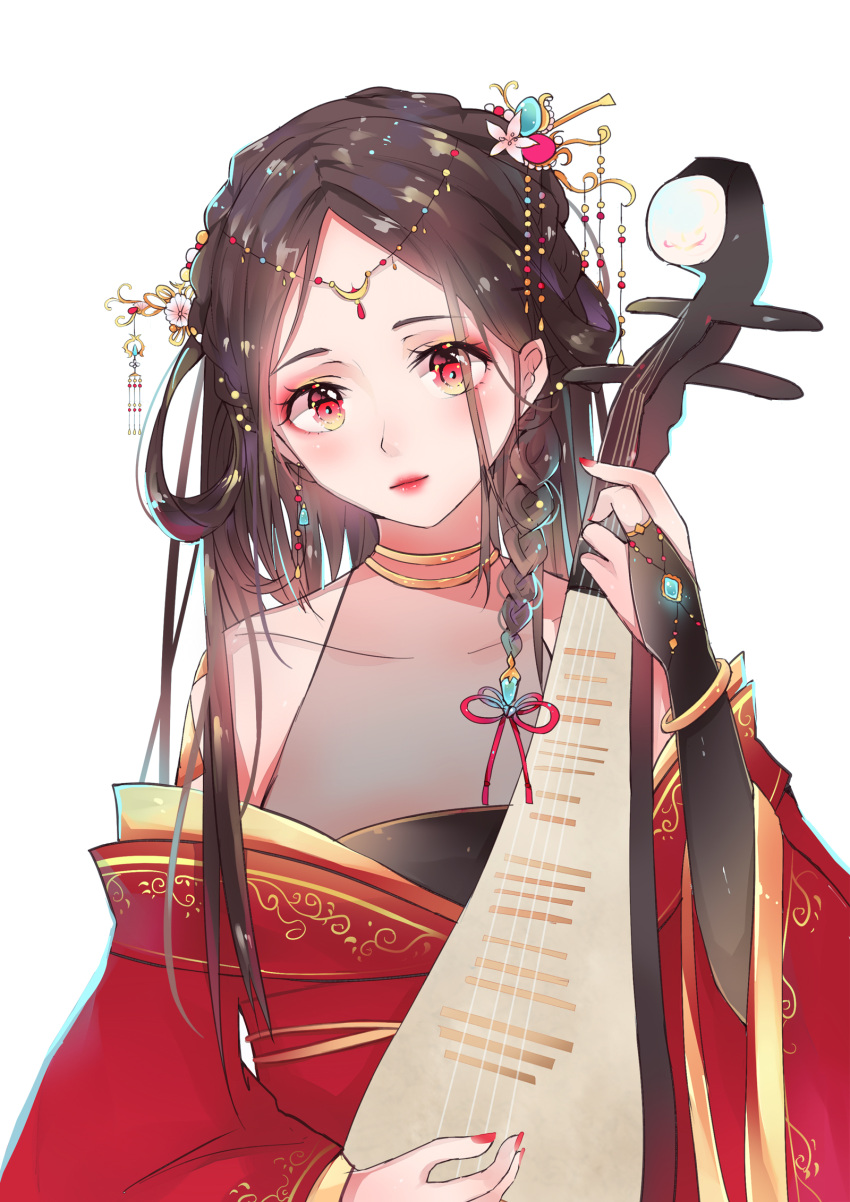 1girl biwa_lute bracelet braid bridal_gauntlets brown_hair dress hair_ornament hair_rings highres instrument jewelry lipstick long_hair looking_at_viewer lute_(instrument) makeup milktower music original pipa_(instrument) playing_instrument red_dress red_eyes red_nails simple_background upper_body very_long_hair