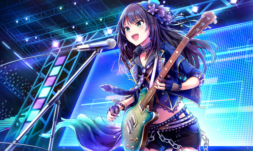 1girl :d belt brown_hair chain choker commentary_request cowboy_shot dutch_angle eyebrows_visible_through_hair fingerless_gloves flower gloves glowstick green_eyes guitar hat hat_flower highres idol idolmaster idolmaster_cinderella_girls idolmaster_cinderella_girls_starlight_stage instrument jewelry long_hair microphone microphone_stand midriff mini_hat mini_top_hat music navel necktie open_mouth over_myself_(idolmaster) playing_instrument plectrum round_teeth shibuya_rin shorts singing smile stage stage_lights star star_choker teeth tokeshi top_hat undershirt upper_teeth