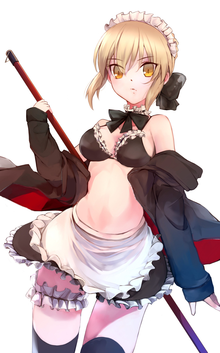 1girl apron artoria_pendragon_(all) artoria_pendragon_(swimsuit_rider_alter) bangs bare_shoulders bikini black_bikini black_bow black_jacket black_legwear black_swimsuit blonde_hair bow bowtie breasts broom commentary_request eyebrows_visible_through_hair fate/grand_order fate_(series) frills highres holding holding_broom jacket kazuya0810 large_breasts looking_at_viewer maid_bikini maid_headdress open_clothes ribbon short_hair simple_background sleeves_past_wrists solo swimsuit thigh-highs white_apron white_background yellow_eyes