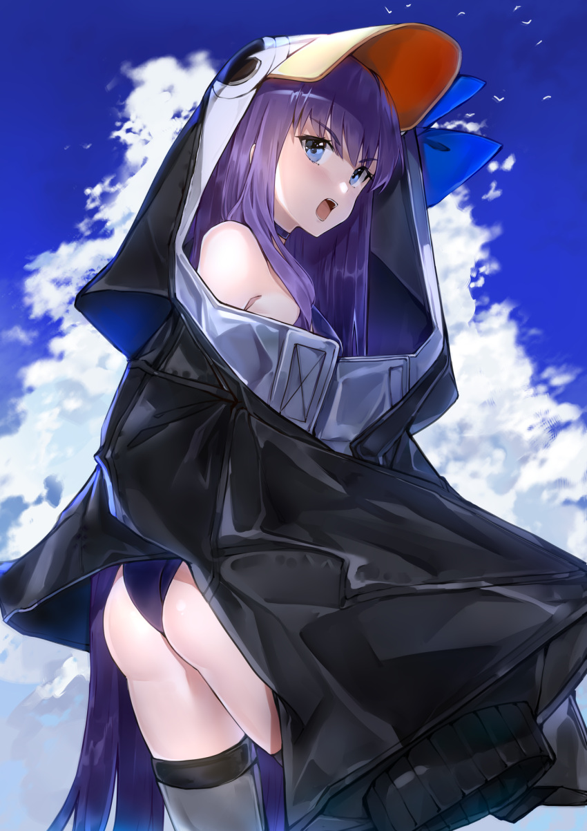 1girl animal_costume animal_hood ass bare_shoulders blue_eyes blue_ribbon clouds eyebrows_visible_through_hair fate/grand_order fate_(series) highres hood hood_up hoodie hoshiineko long_hair looking_back meltryllis meltryllis_(swimsuit_lancer)_(fate) open_mouth oversized_clothes penguin_costume ribbon sky sleeves_past_wrists solo thigh-highs zettai_ryouiki