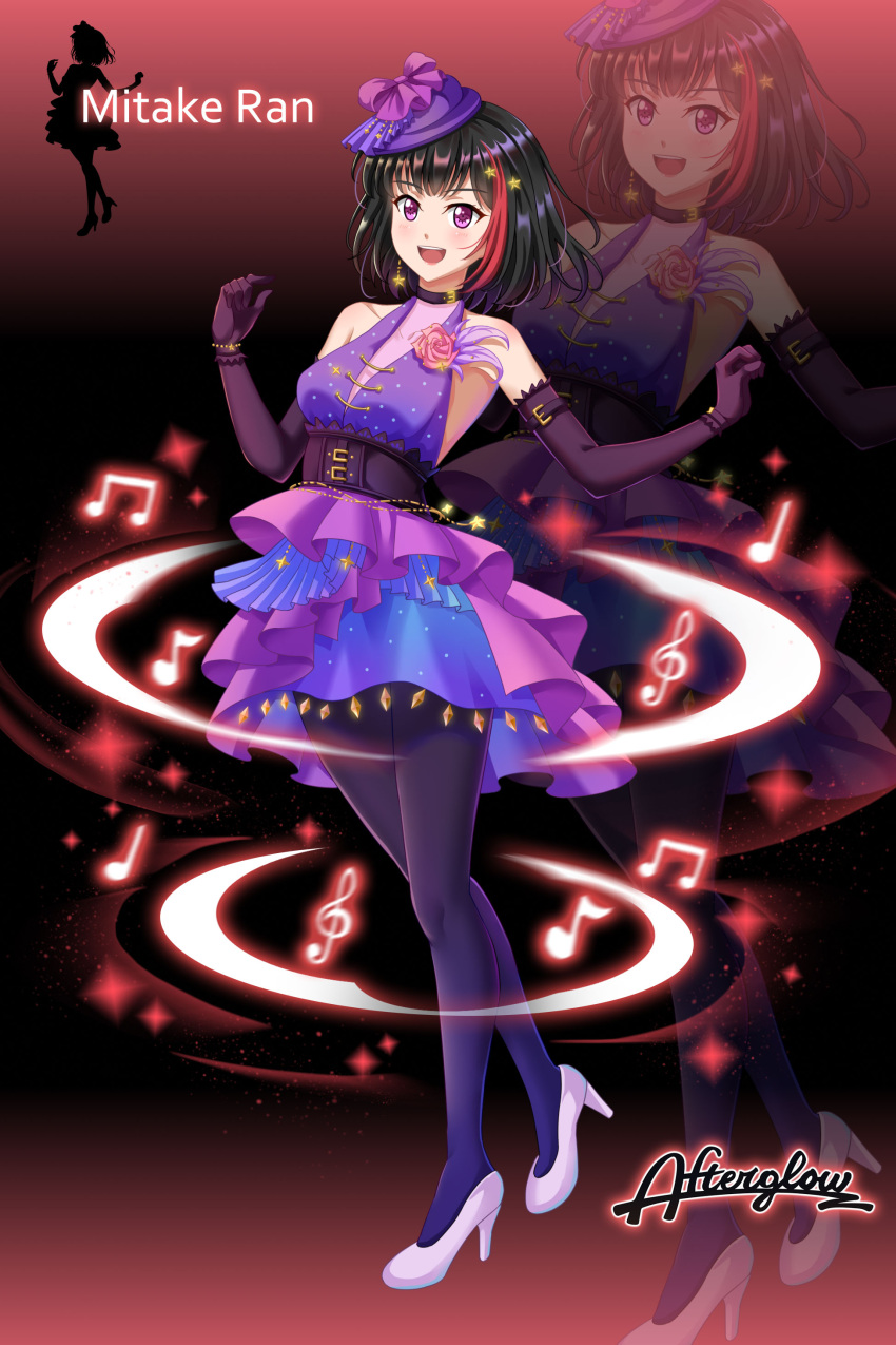 1girl absurdres arm_belt bang_dream! bangs black_collar black_gloves black_hair black_legwear blue_dress blush bow bracelet character_name clenched_hands collar corsage corset dark_background dress earrings elbow_gloves flower full_body gloves group_name hair_ornament hat hat_bow high_heels highres jewelry mitake_ran multicolored_hair musical_note pantyhose pink_flower pink_rose polka_dot purple_bow purple_feathers redhead rose short_hair sleeveless sleeveless_dress solo standing star star_earrings star_hair_ornament streaked_hair white_footwear wrist_extended yohane_yoshiko zoom_layer