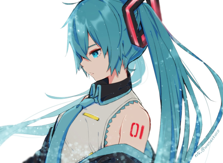 1girl aqua_eyes aqua_hair aqua_neckwear bare_shoulders black_sleeves commentary detached_sleeves expressionless from_side grey_shirt hair_ornament hatsune_miku highres long_hair looking_down necktie shirt shoulder_tattoo sleeveless sleeveless_shirt solo tattoo twintails twitter_username very_long_hair vocaloid wanaxtuco white_background