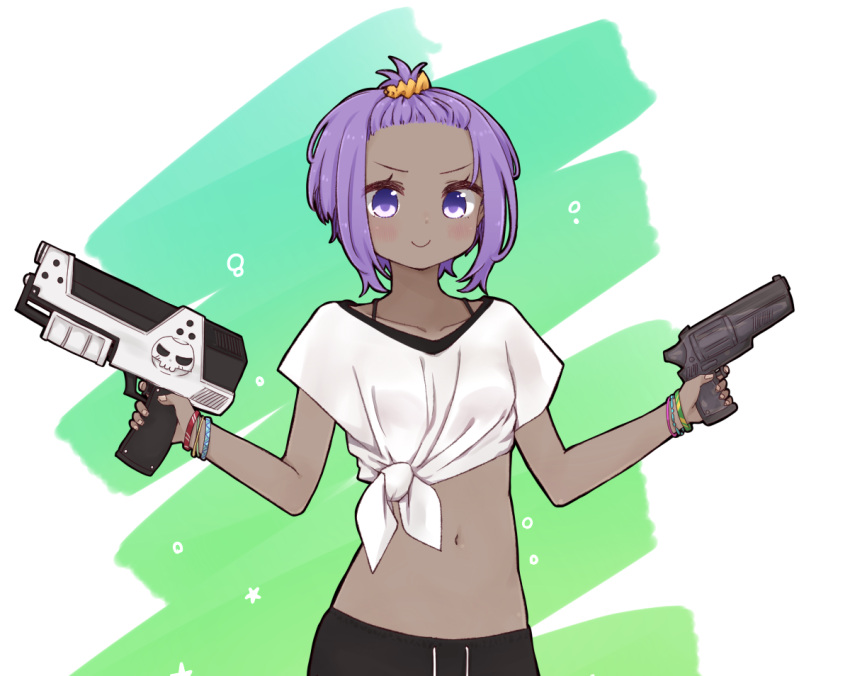 &gt;:) 1girl black_pants blush closed_mouth collarbone dark_skin drawstring dual_wielding fate/prototype fate/prototype:_fragments_of_blue_and_silver fate_(series) forehead gun hair_ornament hair_scrunchie hassan_of_serenity_(fate) holding holding_gun holding_weapon i.u.y navel orange_scrunchie pants purple_hair scrunchie shirt short_sleeves smile solo star tied_shirt v-shaped_eyebrows violet_eyes weapon weapon_request white_shirt