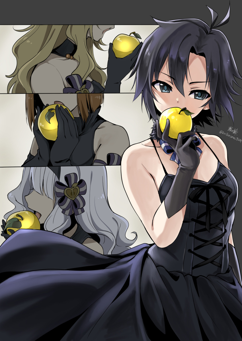 4girls antenna_hair bangs bare_shoulders black_gloves black_hair black_hairband blonde_hair blue_eyes blunt_bangs breasts brown_hair collarbone commentary_request cowboy_shot detached_collar dress elbow_gloves faceless faceless_female food fruit fur_collar gloves hagiwara_yukiho hair_between_eyes hairband heart highres holding holding_food holding_fruit hoshii_miki idolmaster idolmaster_(classic) kikuchi_makoto kirikirimai_(kkm) lead long_hair looking_at_viewer multiple_girls open_mouth shijou_takane short_hair signature silver_hair sleeveless sleeveless_dress small_breasts twitter_username two-handed upper_body v-shaped_eyebrows wavy_hair