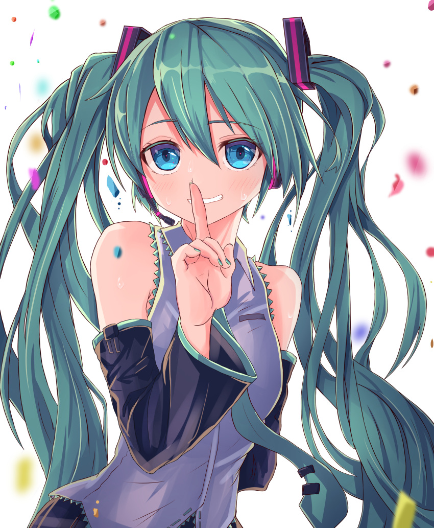 1girl absurdres aqua_hair aqua_neckwear bangs black_skirt blue_eyes blurry_foreground blush collared_shirt commentary_request detached_sleeves eyebrows_visible_through_hair finger_to_mouth hair_between_eyes hair_ornament hatsune_miku headphones headset highres kahlua_(artist) long_hair looking_at_viewer microphone nail_polish necktie shiny shiny_hair shirt simple_background skirt solo sweatdrop twintails upper_body very_long_hair vocaloid white_shirt