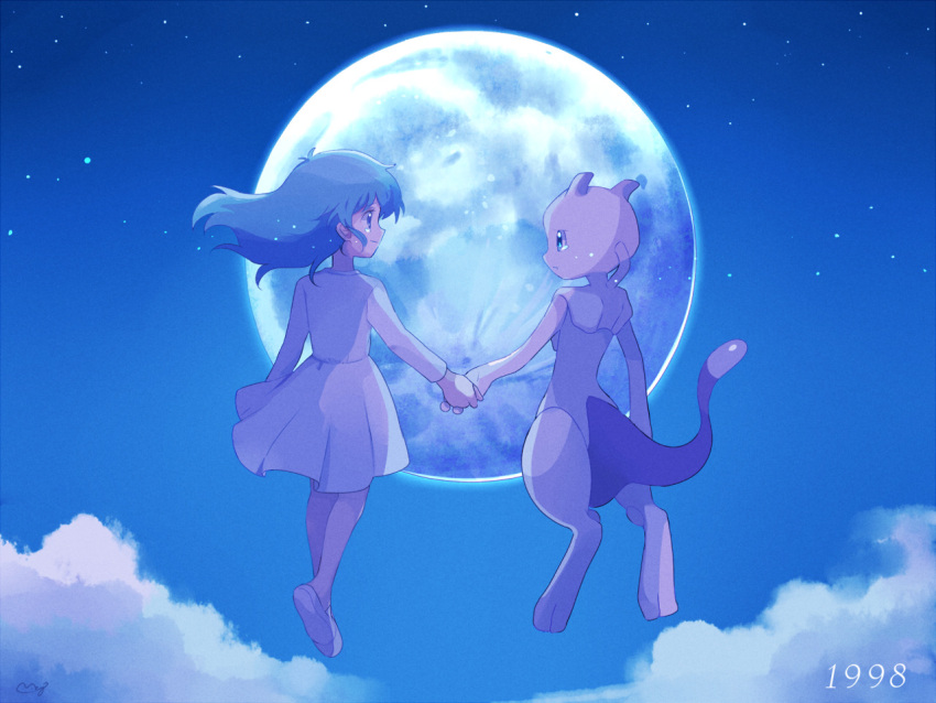 1998 1girl ai_(pokemon) aqua_hair artist_name blue_eyes blue_sky closed_mouth clouds crying dress eye_contact floating from_behind full_body furry gen_1_pokemon happy holding_hands horns legendary_pokemon long_hair long_sleeves looking_at_another mei_(maysroom) mewtwo moon night night_sky number open_mouth outdoors pokemon pokemon_(anime) pokemon_(creature) pokemon_m01 shoes signature sky smile star_(sky) starry_sky tail tears white_dress white_footwear