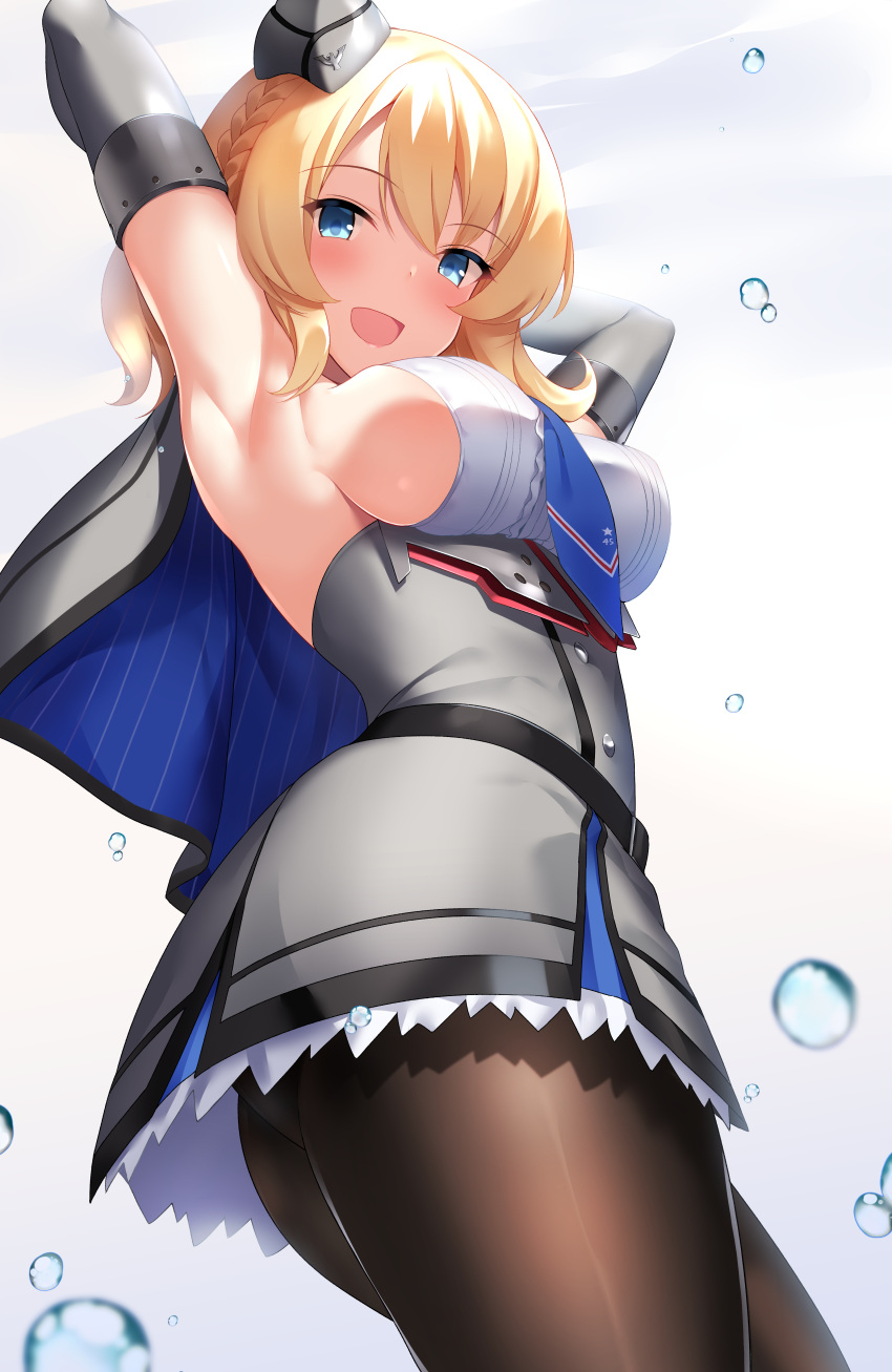 1girl :d absurdres armpits arms_behind_head arms_up ass bangs blonde_hair blue_eyes blue_neckwear blush breasts brown_legwear caburi_cat capelet colorado_(kantai_collection) cowboy_shot dress elbow_gloves eyebrows_visible_through_hair eyelashes fanbox_reward from_below from_side garrison_cap gloves grey_dress grey_headwear hat headgear highres kantai_collection large_breasts looking_at_viewer necktie open_mouth paid_reward pantyhose short_hair side_braids sideboob simple_background sleeveless smile solo standing twisted_torso water_drop