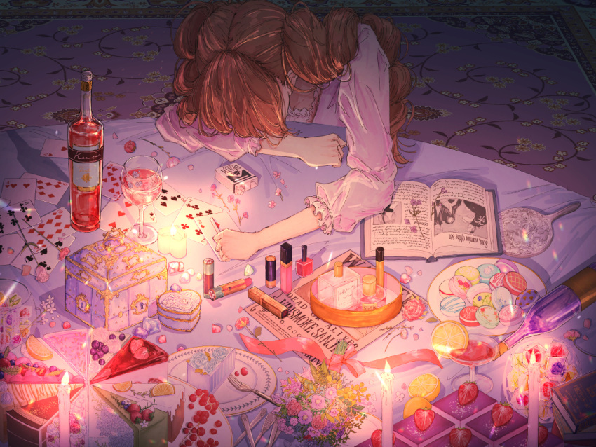 1girl alcohol artist_request brown_hair cake cake_slice candle card champagne champagne_bottle charlotte_pudding cocktail_glass cup drill_hair drinking_glass face_down food fruit jewelry lemon lemon_slice nail_polish one_piece solo strawberry table