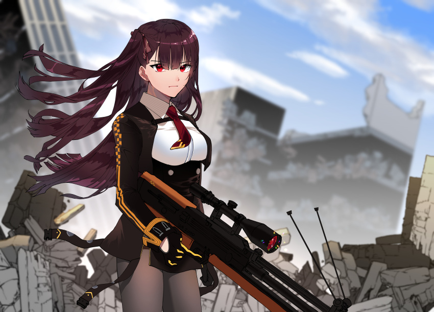 1girl absurdres artist_request blue_sky building bullpup city clouds cloudy_sky commentary_request eyebrows_visible_through_hair girls_frontline gloves gun highres looking_at_viewer purple_hair red_eyes rifle ruins scope sky sniper_rifle solo wa2000_(girls_frontline) walther walther_wa_2000 weapon