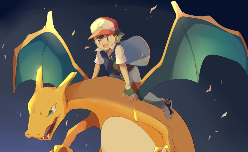 1boy bangs baseball_cap belt black_hair black_shirt blue_background blue_footwear blue_pants blue_vest brown_eyes charizard claws denim dragon embers fangs flying gen_1_pokemon green_eyes hat highres horns jeans jpeg_artifacts male_focus mei_(maysroom) open_mouth pants pokemon pokemon_(anime) pokemon_(classic_anime) pokemon_(creature) red_headwear riding satoshi_(pokemon) shirt shoes short_sleeves simple_background vest wings