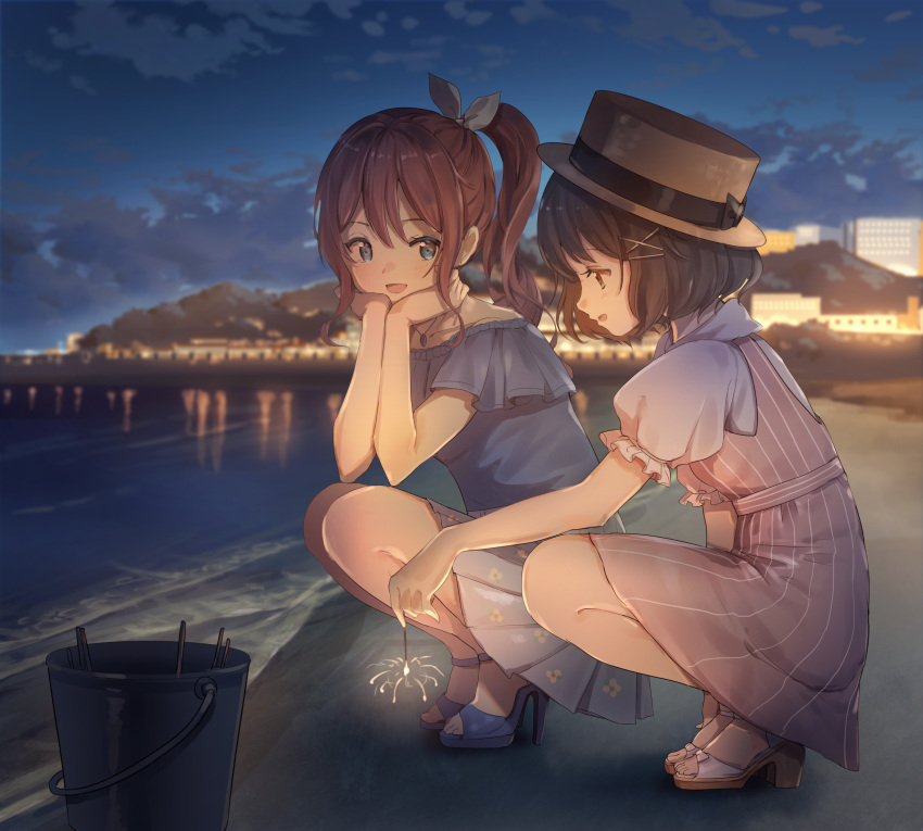 2girls absurdres bang_dream! bangs beach black_hair black_ribbon blue_eyes blue_footwear blue_shirt boater_hat brown_hair brown_headwear bucket chin_rest commentary_request dress elbows_on_knees fireworks floral_print frilled_sleeves frills hair_ornament hair_ribbon hairpin hat hat_ribbon high_heels highres jewelry multiple_girls necklace night nogi_momoko outdoors pinafore_dress pink_dress pleated_skirt ponytail print_skirt ribbon sandals senkou_hanabi shirt short_hair sidelocks skirt smile sparkler squatting striped ushigome_rimi vertical-striped_dress vertical_stripes white_ribbon white_shirt x_hair_ornament yamabuki_saaya