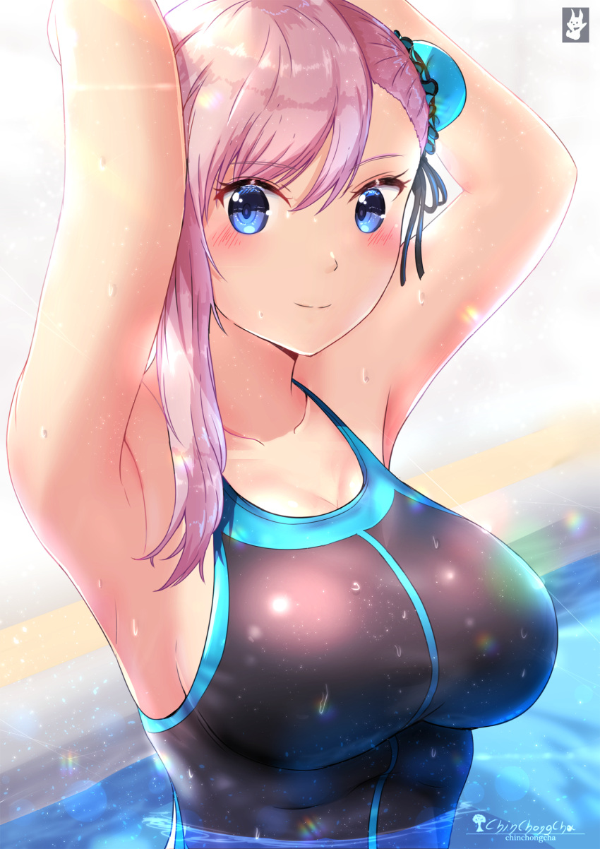 1girl armpits arms_behind_head arms_up artist_name asymmetrical_hair bangs bare_shoulders blue_eyes blush breasts bun_cover chinchongcha closed_mouth collarbone commentary_request competition_swimsuit eyebrows_visible_through_hair fate/grand_order fate_(series) hair_between_eyes hair_bun highres large_breasts long_hair looking_at_viewer miyamoto_musashi_(fate/grand_order) miyamoto_musashi_(swimsuit_berserker)_(fate) one-piece_swimsuit partially_submerged pink_hair smile solo swimsuit upper_body water wet