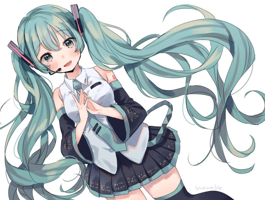 1girl artist_name bare_shoulders black_legwear black_skirt blue_eyes blue_hair blue_nails blue_neckwear blush breasts cowboy_shot curly_hair detached_sleeves dutch_angle eyebrows_visible_through_hair fingernails fingers_together floating_hair hair_between_eyes hanako151 hatsune_miku headset long_hair looking_at_viewer medium_breasts necktie open_mouth pleated_skirt shirt shoulder_tattoo simple_background skirt sleeveless sleeveless_shirt solo tattoo thigh-highs twintails very_long_hair vocaloid white_background white_shirt zettai_ryouiki