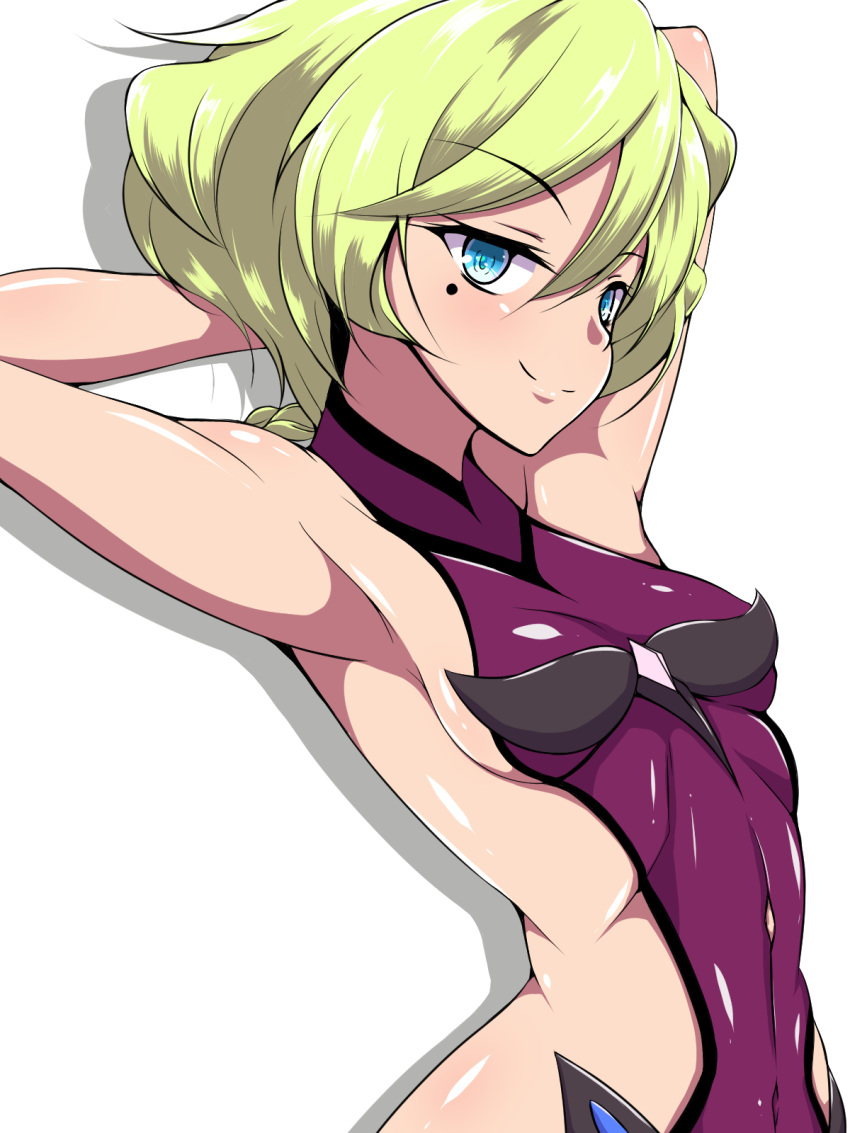 1girl aimo_(aimo1214) armpits arms_up bare_shoulders blonde_hair blue_eyes blush breasts carol_malus_dienheim closed_mouth eyebrows_visible_through_hair hair_between_eyes highres looking_at_viewer mole mole_under_eye senki_zesshou_symphogear shiny shiny_hair shiny_skin short_hair simple_background small_breasts smile solo upper_body white_background