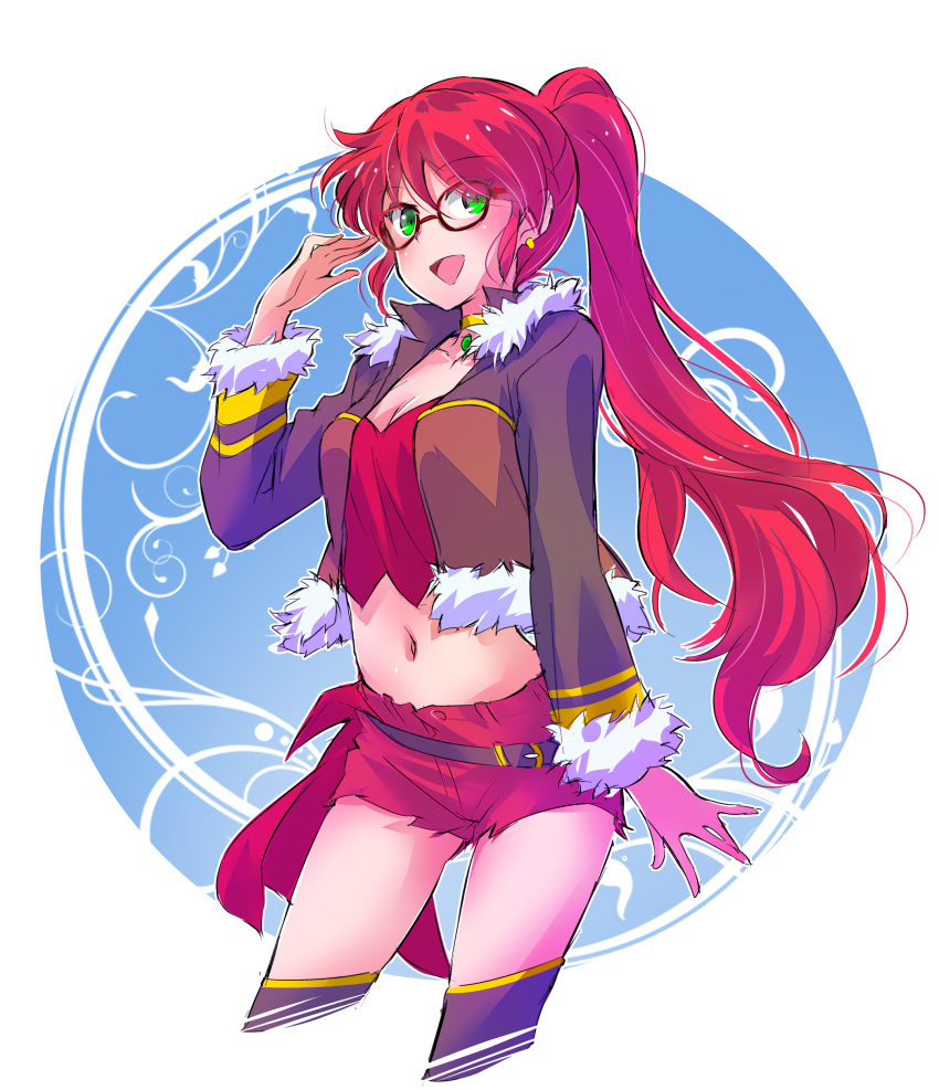 1girl absurdres alternate_costume belt casual choker commentary_request crop_top cropped_jacket fur_trim glasses green_eyes highres iesupa jacket long_hair midriff navel open_clothes open_jacket ponytail pyrrha_nikos redhead rwby short_shorts shorts solo