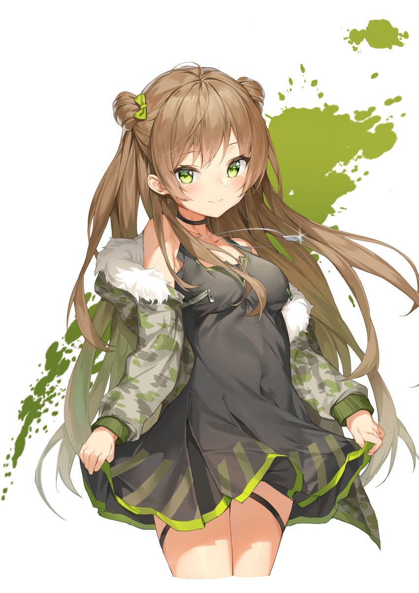 1girl absurdres bangs black_choker black_dress blush bow breasts brown_hair camouflage_jacket choker closed_mouth collarbone commentary cowboy_shot cropped_legs double_bun dress eyebrows_visible_through_hair fur-trimmed_hood fur_trim girls_frontline green_bow green_eyes grey_jacket hair_bow highres hood hood_down hooded_jacket jacket long_hair looking_at_viewer medium_breasts mokew off_shoulder open_clothes open_jacket pleated_dress rfb_(girls_frontline) skirt_hold sleeveless sleeveless_dress smile solo very_long_hair white_background
