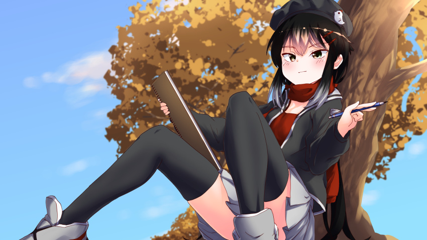 1girl autumn_leaves bangs beret black_hair black_headwear black_jacket black_legwear blue_sky blush closed_mouth commentary cookie_(touhou) day eyebrows_visible_through_hair full_body gradient_hair grey_footwear grey_hair grey_skirt hat highres holding holding_paper holding_pen jacket kurotsuki_hiiragi long_hair looking_at_viewer multicolored_hair outdoors paper pen pleated_skirt red_scarf red_shirt scarf shirt shoes sitting skirt sky sneakers solo the_chicken_that_appears_in_the_middle_of_cookie thigh-highs tree very_long_hair yuyusu_(cookie)