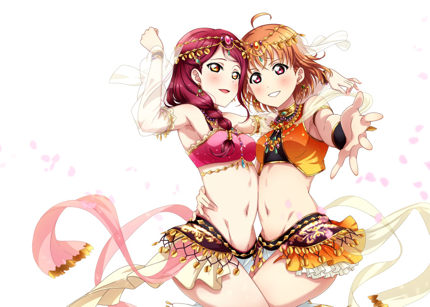 2girls :d absurdres ahoge arabian_clothes arm_around_waist arm_up armlet armpits bangs blush braid clenched_hand crop_top detached_sleeves earrings grin groin hair_over_shoulder head_chain highres jewelry kougi_hiroshi long_hair looking_at_viewer love_live! love_live!_sunshine!! multiple_girls navel necklace open_mouth orange_hair outstretched_hand petals red_eyes redhead sakurauchi_riko sash see-through_sleeves short_hair showgirl_skirt single_braid sleeveless smile takami_chika white_background yellow_eyes yuri