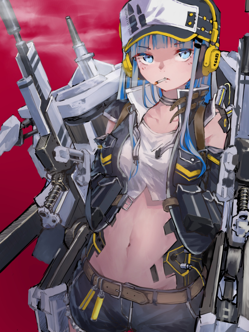 1girl aamond absurdres baseball_cap belt black_shorts blue_eyes blue_hair breasts choker cigarette commentary_request cowboy_shot crop_top cutoffs hat headphones highres long_hair looking_at_viewer machinery mecha medium_breasts midriff mouth_hold multicolored_hair navel original red_background shirt short_shorts shorts silver_hair sleeveless sleeveless_jacket sleeveless_shirt smoke smoking solo stomach two-tone_hair white_shirt