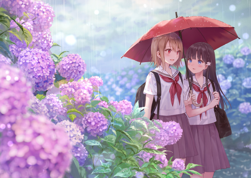 2girls :d backpack bag bangs blue_eyes blurry blurry_foreground blush braid brown_hair brown_skirt commentary_request day depth_of_field eyebrows_visible_through_hair flower fukahire_(ruinon) hair_between_eyes hair_flower hair_ornament holding holding_umbrella hydrangea long_hair multiple_girls neckerchief open_mouth original outdoors parted_lips pleated_skirt purple_flower rain red_eyes red_neckwear red_umbrella sailor_collar school_bag school_uniform serafuku shared_umbrella shirt short_sleeves skirt smile umbrella very_long_hair white_flower white_sailor_collar white_shirt