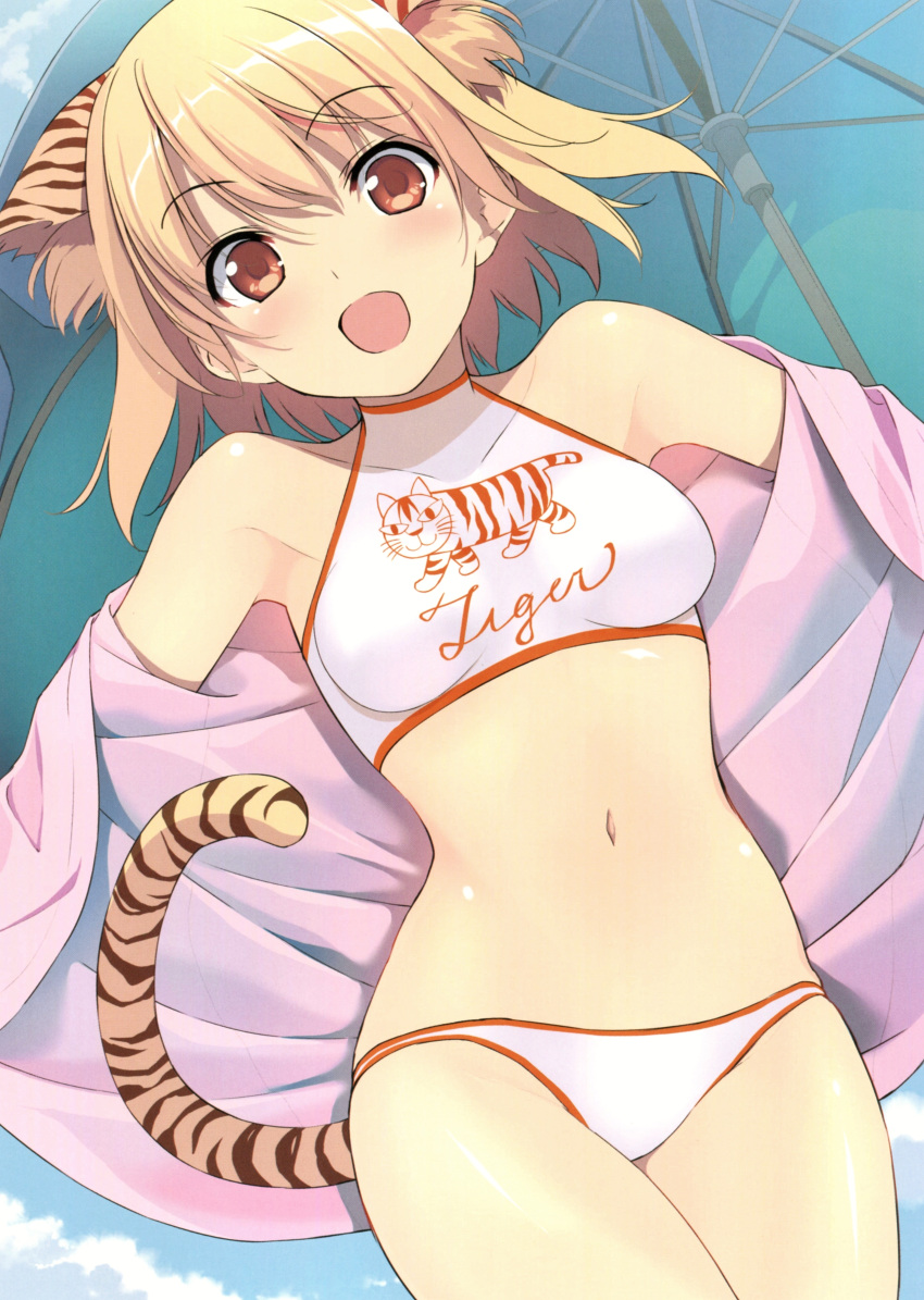 1girl :d absurdres animal_ears armpits bangs bare_shoulders bikini blonde_hair blush breasts clouds collarbone cowboy_shot day fumio_(ura_fmo) halterneck highres jacket looking_at_viewer medium_breasts navel off_shoulder open_clothes open_jacket open_mouth orange_eyes pink_jacket scan short_hair smile solo swimsuit tail tiger_ears tiger_girl tiger_tail toranoana umbrella white_bikini