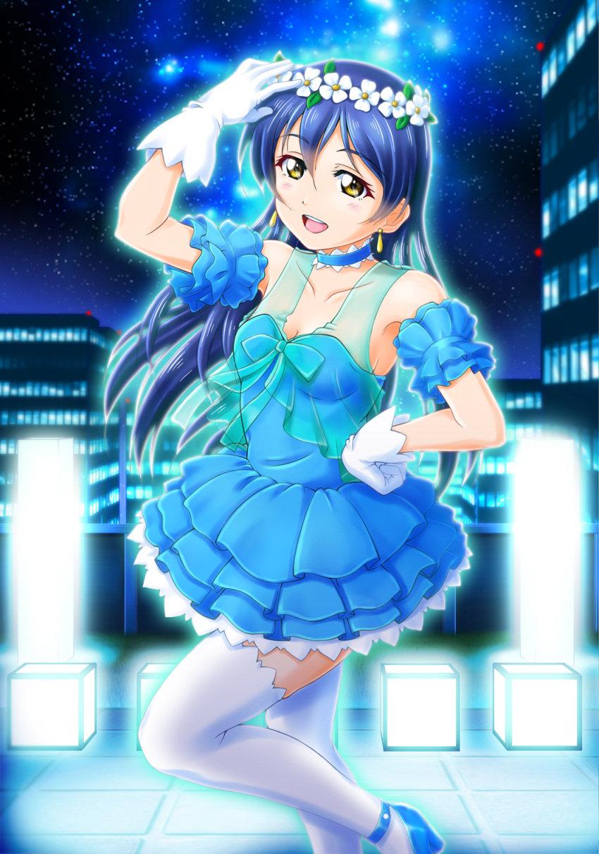 1girl bangs bare_shoulders blue_hair blush choker commentary_request dress earrings flower gloves hair_between_eyes hair_ornament hand_on_hip hand_up head_wreath highres hiramitsu_asagi jewelry long_hair looking_at_viewer love_live! love_live!_school_idol_project night night_sky open_mouth outdoors sky smile solo sonoda_umi star_(sky) starry_sky thigh-highs white_gloves white_legwear yellow_eyes yume_no_tobira