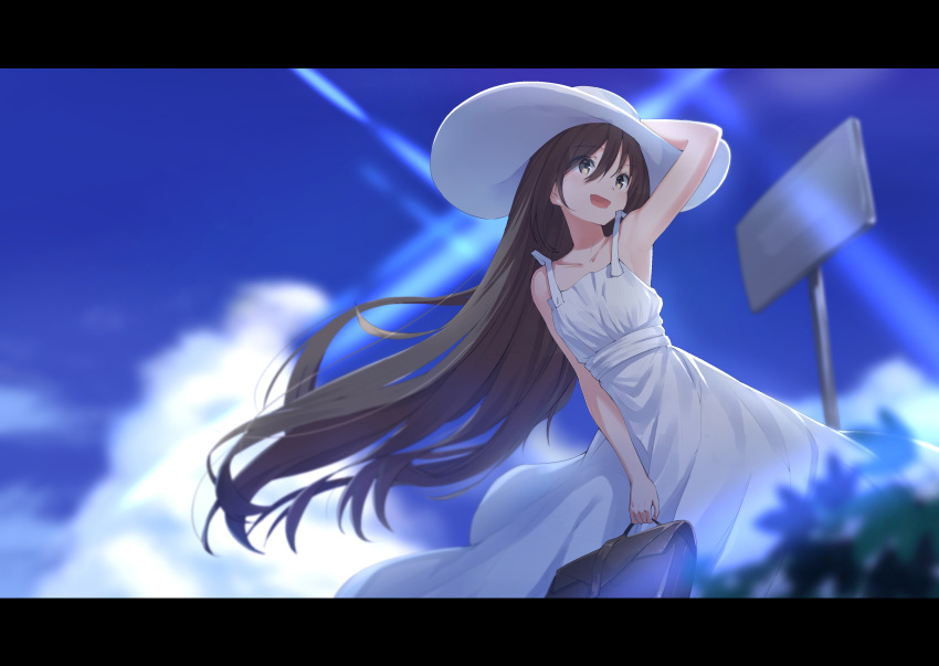 1girl :d absurdres armpits bare_shoulders brown_eyes brown_hair clouds collarbone day deatheach dress hair_between_eyes hand_on_headwear hat highres leaning_forward letterboxed long_hair looking_to_the_side open_mouth original outdoors sky smile solo sun_hat sundress very_long_hair white_dress white_headwear wind