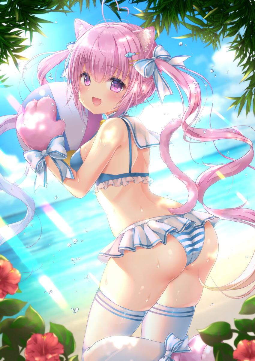 1girl :d animal_ear_fluff animal_ears ass ball bangs beachball bell bikini blue_bikini_top blue_sky blurry blurry_background blush bow cat_ears check_commentary clouds cloudy_sky commentary_request day depth_of_field eyebrows_visible_through_hair fish_hair_ornament flower frilled_bikini_top frills gloves hair_between_eyes hair_bow hair_ornament hairclip hands_up highres holding holding_ball horizon jingle_bell light_rays long_hair looking_at_viewer looking_back mismatched_bikini ocean open_mouth original outdoors paw_gloves paw_shoes paws pink_footwear pink_gloves pink_hair red_flower sailor_collar shoes sky smile solo standing standing_on_one_leg striped striped_bikini_bottom striped_bow sunlight swimsuit thigh-highs twintails very_long_hair violet_eyes water white_legwear white_sailor_collar yuyuko_(yuyucocco)