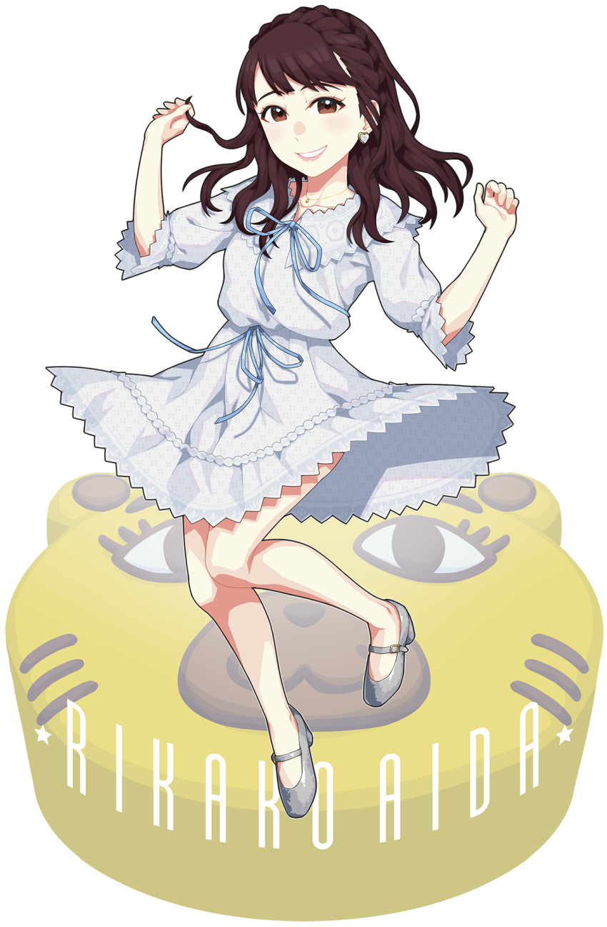 1girl :d aida_rikako bangs black_hair blue_ribbon braid brown_eyes character_name chu_kai_man commentary_request crown_braid dress earrings full_body grey_footwear heart heart_earrings highres jewelry long_sleeves love_live! love_live!_sunshine!! open_mouth pendant playing_with_own_hair print_dress real_life ribbon seiyuu smile solo transparent_background unmoving_pattern white_dress