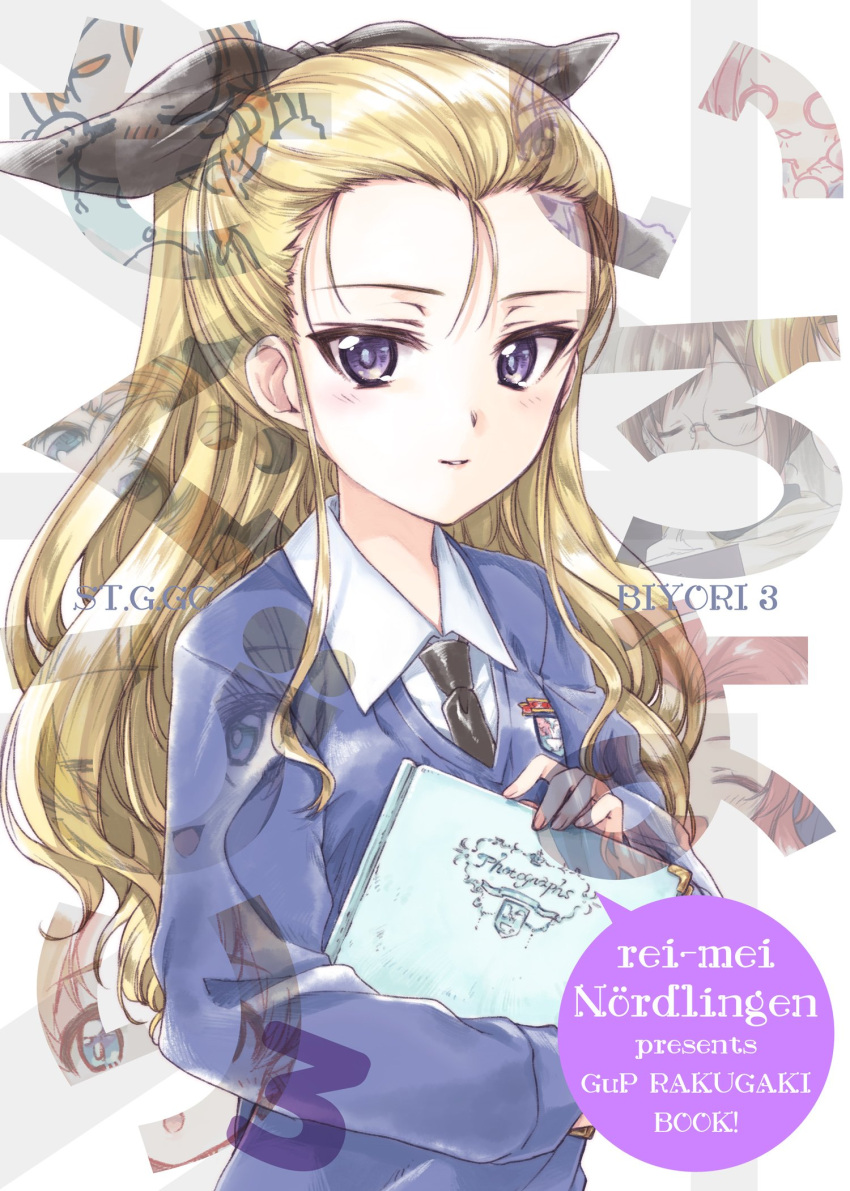 1girl assam black_neckwear black_ribbon blonde_hair blue_eyes blue_sweater book circle_name closed_mouth commentary_request cover cover_page doujin_cover dress_shirt emblem english_text girls_und_panzer hair_pulled_back hair_ribbon highres holding holding_book kuroi_mimei light_blush light_smile long_hair long_sleeves looking_at_viewer necktie ribbon school_uniform shirt solo st._gloriana's_(emblem) st._gloriana's_school_uniform standing sweater translation_request v-neck white_shirt wing_collar