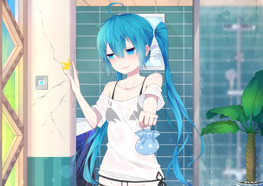 1girl absurdres bag bathroom belt blue_eyes blue_hair blush bra breasts commentary condensation cracked_wall crushing gift giving glass_wall hand_up hatsune_miku highres holding holding_bag holding_gift hwh666 indoors jewelry light_switch looking_to_the_side mirror open_mouth outstretched_arm palm_tree pinky_ring plant potted_plant ring see-through shower_(place) shower_head sink small_breasts solo star star_print strapless_shirt tile_wall tiles tree underwear upper_body vocaloid window_fog