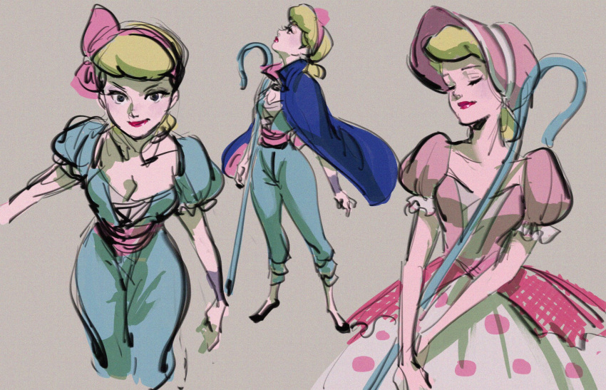 3girls beige_background blonde_hair blue_cape bo_peep_(toy_story) breasts cape closed_eyes commentary disney dress dual_persona expressionless frilled_sleeves frills full_body gori_matsu hair_ribbon hairband hat highres holding holding_staff light_smile looking_away looking_up medium_breasts multiple_girls multiple_views pink_dress pink_hairband pink_headwear pink_ribbon pixar polka_dot polka_dot_dress profile puffy_short_sleeves puffy_sleeves red_lips ribbon short_hair short_sleeves simple_background smile staff standing toy_story upper_body v-shaped_eyebrows