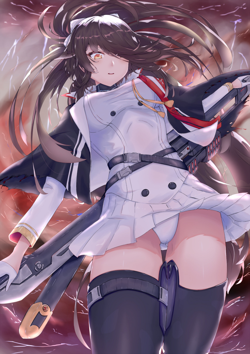 2318257725 absurdres azur_lane bangs black_coat black_hair bow breasts brown_eyes code_t_(azur_lane) floating_hair gloves hair_bow hair_over_one_eye half_gloves highres holding holding_sword holding_weapon jacket katana large_breasts long_hair looking_at_viewer military military_uniform panties pleated_skirt skirt standing sword takao_(azur_lane) thigh-highs underwear uniform weapon white_gloves white_jacket white_panties white_skirt