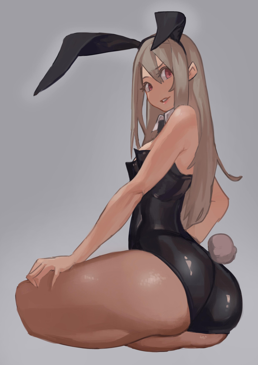 1girl absurdres animal_ears ass bare_shoulders black_neckwear brown_hair bunny_tail bunnysuit eyebrows_visible_through_hair grey_background hair_between_eyes highres long_hair neckwear original pantyhose parted_lips rabbit_ears red_eyes see-through simple_background sitting smile solo tail uedrk_yamato