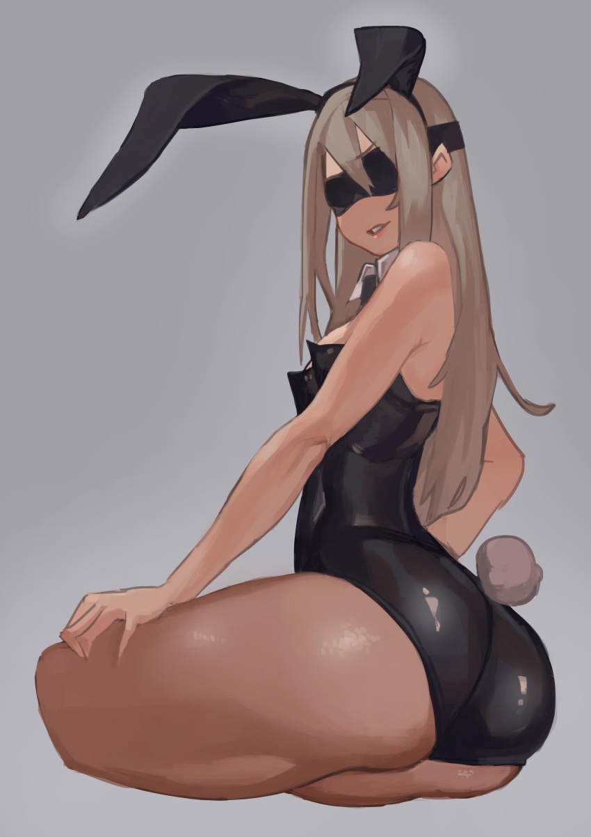1girl absurdres animal_ears ass bare_shoulders black_blindfold black_neckwear blindfold brown_hair bunny_tail bunnysuit eyebrows_visible_through_hair grey_background hair_between_eyes highres long_hair neckwear original pantyhose parted_lips rabbit_ears see-through simple_background sitting smile solo tail uedrk_yamato