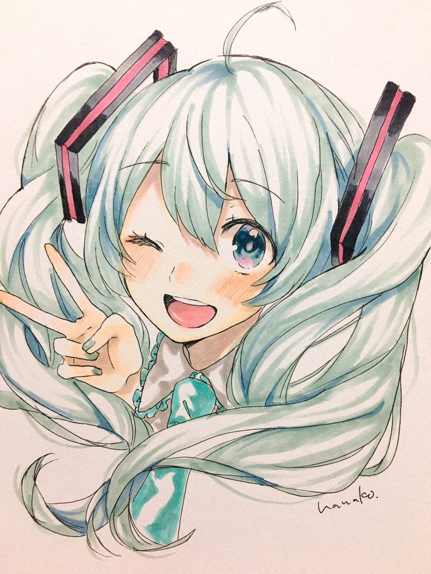 1girl ;d aqua_neckwear artist_name blue_eyes blue_hair blue_nails blush close-up collared_shirt commentary_request eyebrows_visible_through_hair face fingernails grey_shirt hair_between_eyes hanako151 happy hatsune_miku highres long_hair looking_at_viewer marker_(medium) necktie one_eye_closed open_mouth shirt simple_background smile solo teeth traditional_media twintails upper_body upper_teeth v vocaloid white_background