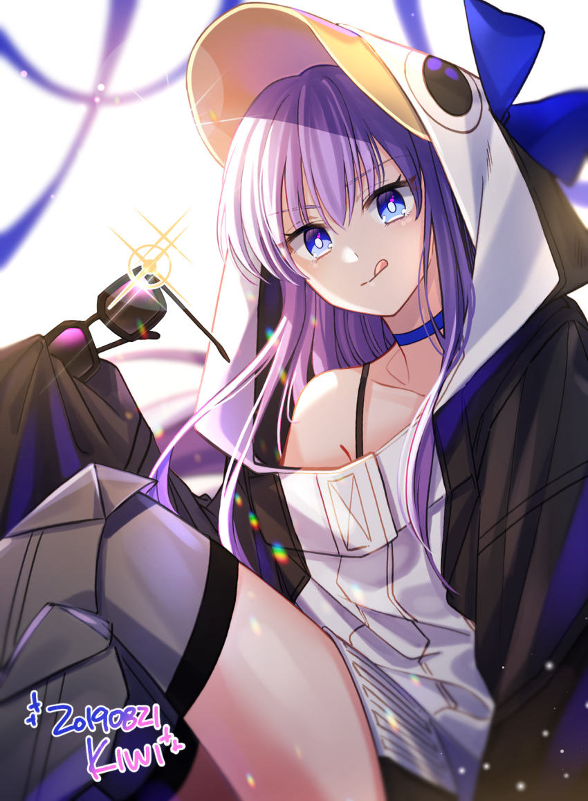 1girl bangs black_jacket blue_eyes blue_ribbon breasts choker closed_mouth collarbone fate/grand_order fate_(series) greaves hair_between_eyes highres jacket kiwi_(pixiv6429539) licking_lips long_hair long_sleeves looking_at_viewer meltryllis meltryllis_(swimsuit_lancer)_(fate) penguin_hood purple_hair ribbon sitting sleeves_past_fingers sleeves_past_wrists small_breasts solo sparkle sunglasses thighs tongue tongue_out very_long_hair
