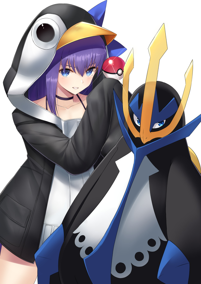 1girl absurdres bangs bird black_choker black_jacket blue_eyes choker collarbone commentary_request crossover empoleon eyebrows_visible_through_hair fate/grand_order fate_(series) gen_4_pokemon glint grin hair_between_eyes highres holding holding_poke_ball hood hood_up hooded_jacket i.f.s.f jacket long_hair long_sleeves looking_at_viewer meltryllis meltryllis_(swimsuit_lancer)_(fate) penguin penguin_hood poke_ball poke_ball_(generic) pokemon pokemon_(creature) pokemon_(game) pokemon_dppt purple_hair simple_background sleeves_past_fingers sleeves_past_wrists smile v-shaped_eyebrows white_background