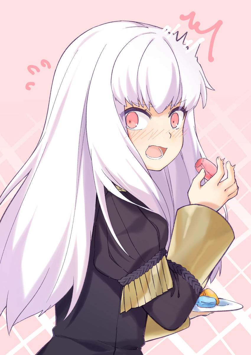 1girl absurdres bangs blush candy epaulettes fire_emblem fire_emblem:_three_houses food highres jacket long_hair long_sleeves looking_at_viewer lysithea_von_ordelia open_mouth pink_eyes simple_background solo transistor uniform upper_body violet_eyes white_background white_hair