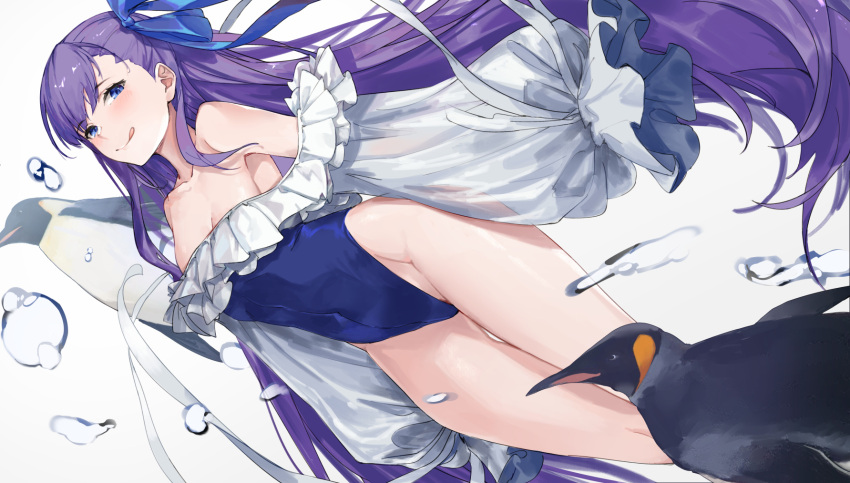 1girl bangs bare_shoulders bird bk201 blue_eyes blue_ribbon blue_swimsuit blush breasts choker closed_mouth collarbone covered_navel fate/grand_order fate_(series) frills hair_between_eyes hair_ribbon highleg highleg_swimsuit highres licking_lips long_hair long_sleeves meltryllis meltryllis_(swimsuit_lancer)_(fate) one-piece_swimsuit penguin puffy_sleeves purple_hair ribbon small_breasts smile swimsuit thighs tongue tongue_out very_long_hair water_drop white_background