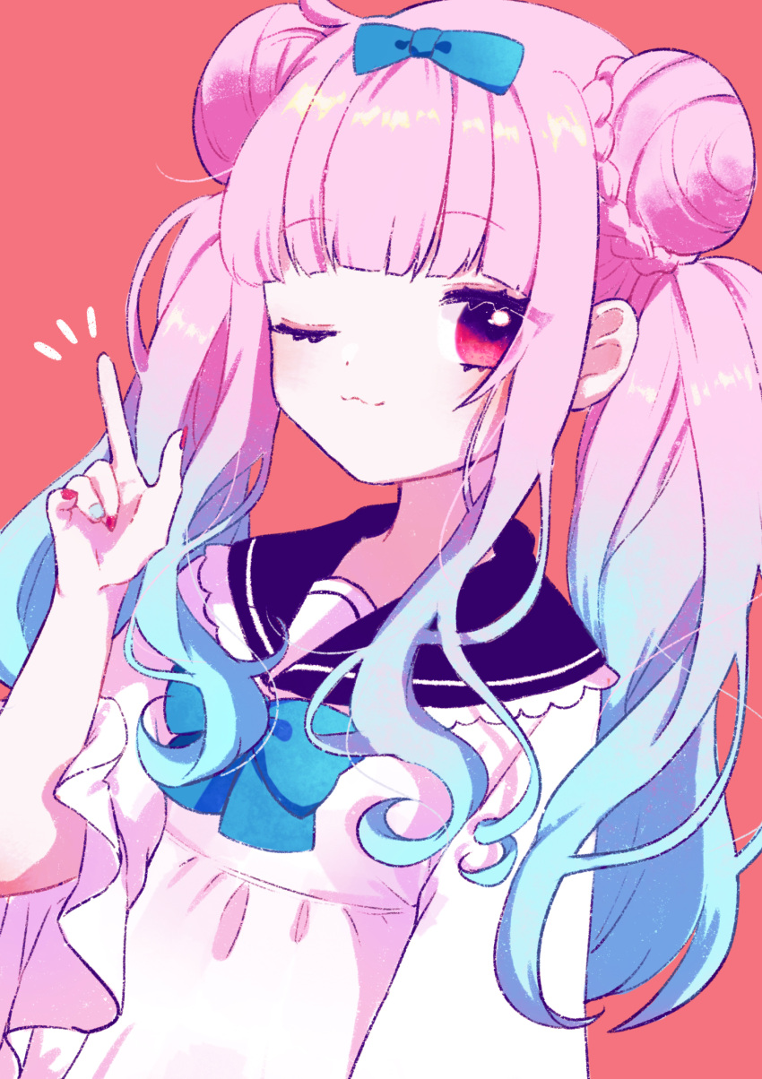 1girl ;3 bangs blue_bow blue_hair blue_nails blue_neckwear blunt_bangs bow bowtie braid double_bun hair_bow highres hinakano_h index_finger_raised long_hair long_sleeves multicolored_hair nail_polish original pink_hair red_background red_eyes red_nails sailor_collar sidelocks simple_background solo twintails two-tone_hair
