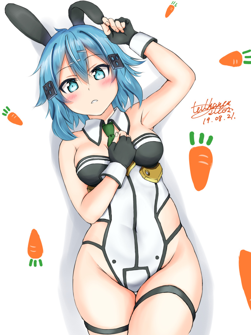 1girl animal_ears bangs bare_arms bare_shoulders black_gloves blue_eyes blue_hair blush breasts bunny_girl bunnysuit carrot_print commentary_request eyebrows_visible_through_hair food_print gloves hair_between_eyes highres looking_at_viewer medium_breasts navel parted_bangs rabbit_ears short_hair sinon solo sword_art_online yukinoshiro