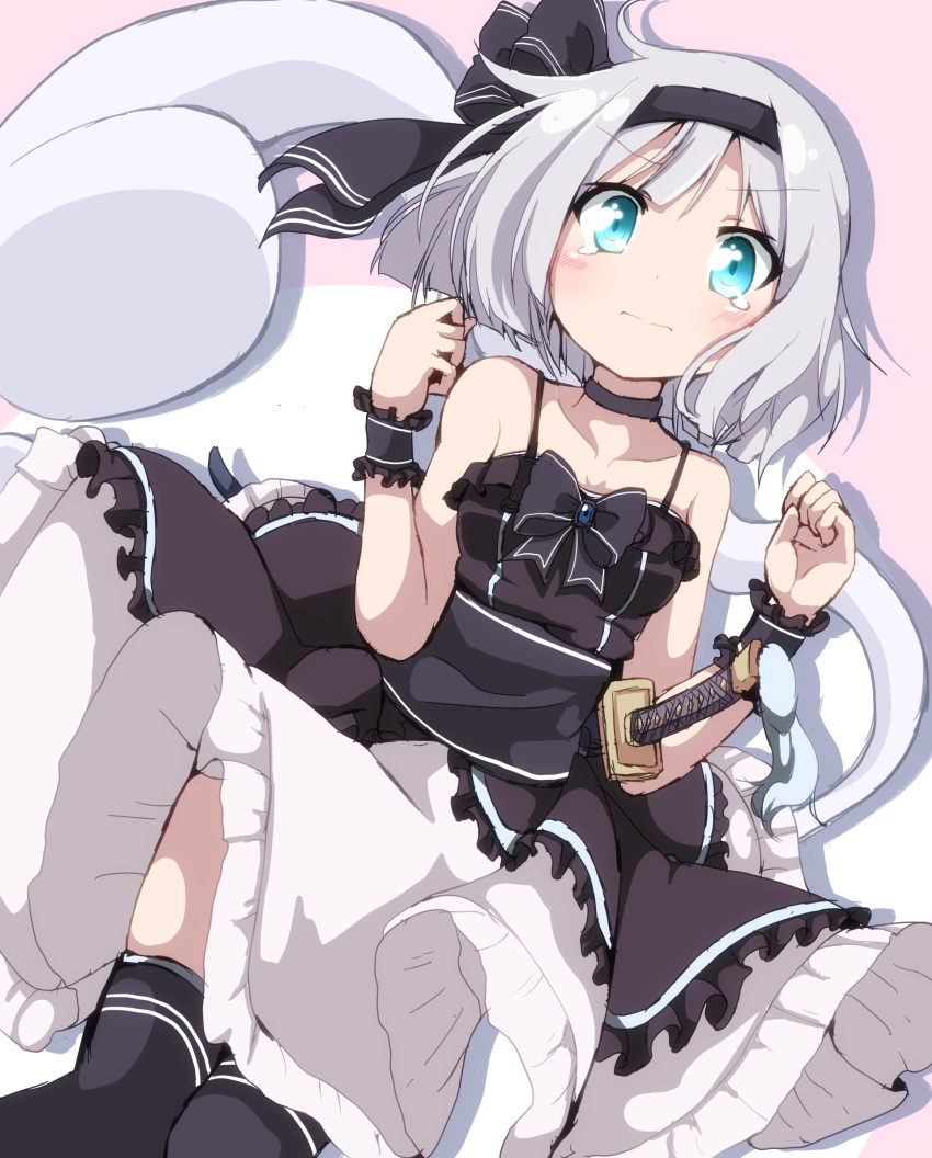 1girl bangs black_bow black_choker black_dress black_hairband black_ribbon blue_eyes blush bow choker closed_mouth commentary_request do_(4-rt) dress eyebrows_visible_through_hair frilled_dress frills hair_ribbon hairband highres katana konpaku_youmu konpaku_youmu_(ghost) looking_at_viewer pink_background ribbon short_hair silver_hair simple_background sleeveless sleeveless_dress solo sword tears thigh-highs touhou weapon wrist_cuffs