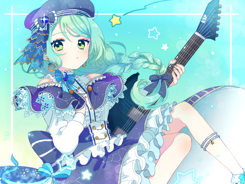 1girl alternate_hairstyle bang_dream! beret blue_background blue_bow blue_skirt bow braid capelet center_frills constellation_print corset earrings electric_guitar esp_guitars frilled_skirt frills green_eyes guitar hair_bow hand_on_own_chest hat hat_bow hikawa_sayo hinakano_h holding holding_instrument instrument jewelry lace long_hair long_sleeves parted_lips print_hat print_skirt ribbon shirt shoulder_cutout single_braid skirt solo star striped striped_ribbon white_shirt