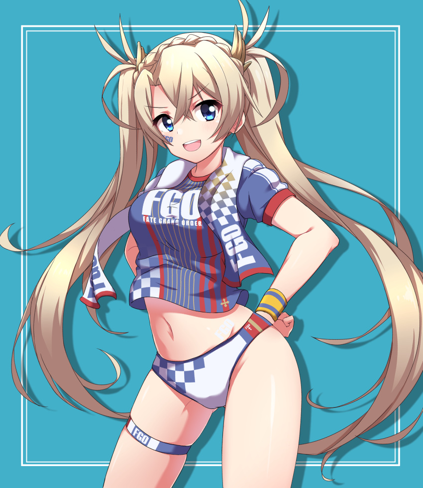 1girl bangs blonde_hair blue_background blue_eyes blue_shirt blush bradamante_(fate/grand_order) braid breasts checkered checkered_panties clothes_writing crown_braid face_painting fate/grand_order fate_(series) hair_between_eyes hands_on_hips heroic_spirit_festival_outfit highres long_hair looking_at_viewer medium_breasts minowa_sukyaru navel open_mouth panties shirt short_sleeves simple_background smile solo striped striped_shirt t-shirt thigh_strap thighs towel towel_around_neck twintails underwear vertical_stripes very_long_hair white_panties wristband