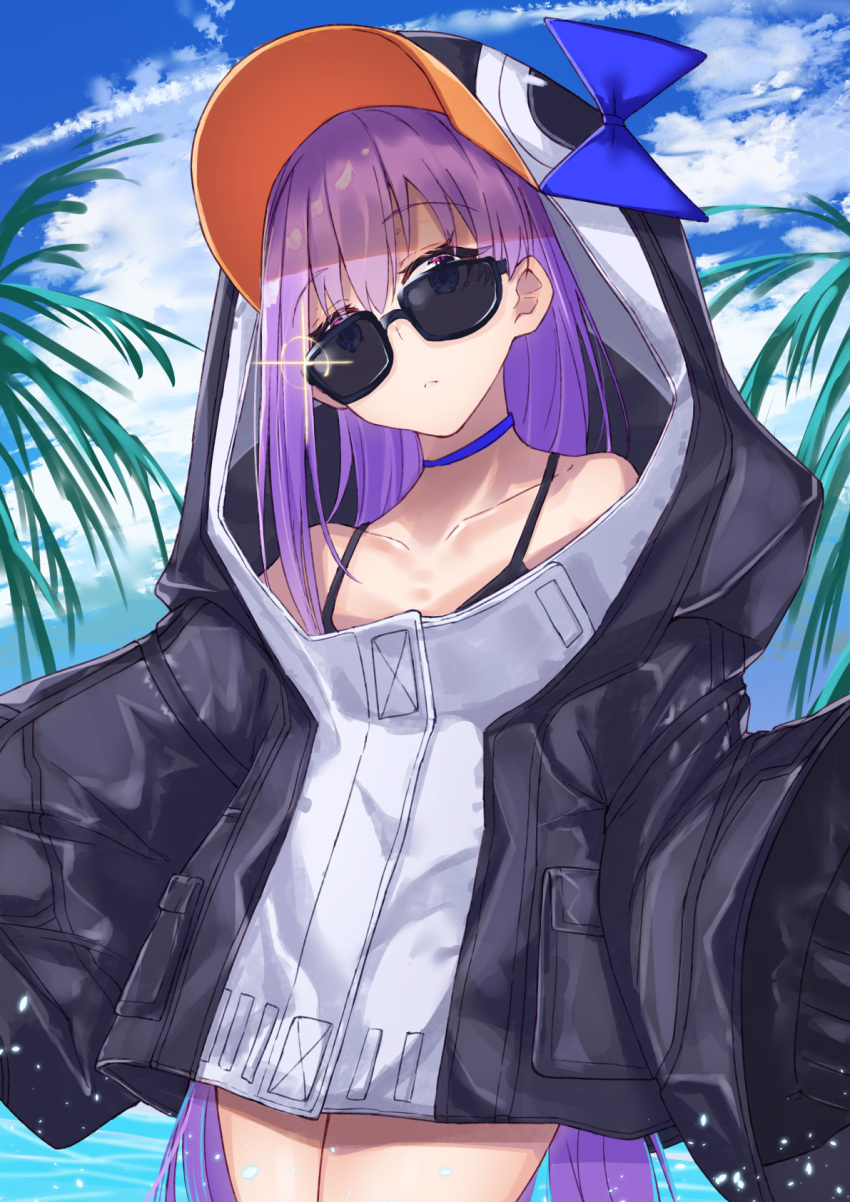 1girl animal_hood bangs black_jacket blue_bow blue_choker blue_eyes blue_sky bow choker closed_mouth clouds cloudy_sky collarbone commentary_request day eyebrows_visible_through_hair fate/grand_order fate_(series) glint hair_between_eyes highres hood hood_up hooded_jacket jacket long_hair long_sleeves looking_at_viewer meltryllis meltryllis_(swimsuit_lancer)_(fate) outdoors penguin_hood purple_hair sky sleeves_past_fingers sleeves_past_wrists solo sunglasses tapioka_(oekakitapioka)